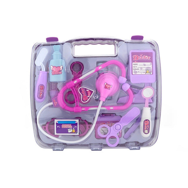 Purple doctor stethoscope role-play kit in clear plastic case with tools and cards