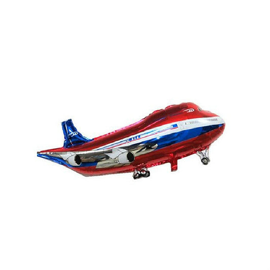Red airplane model balloon toy with blue tail fin and white cabin windows