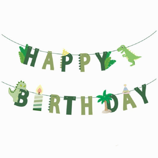 Dinosaur Happy Birthday banner with green pennants and small dino silhouette decorations