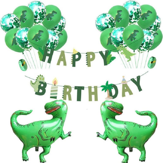 Dinosaur birthday banner set with green lettering, small dino figures, and hanging strings