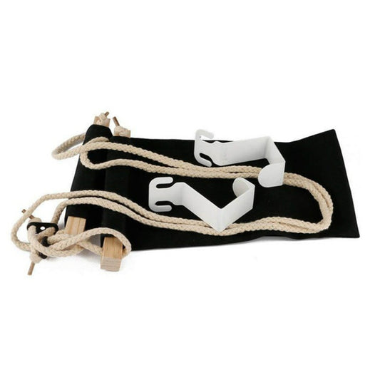 Black mini foot hammock with beige rope and white mounting brackets