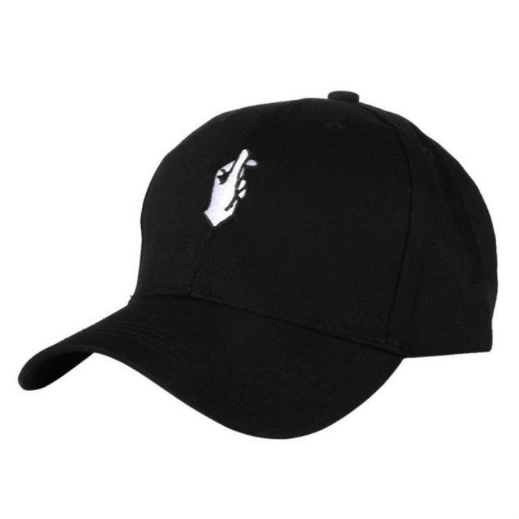 Black baseball cap with white hand-embroidered logo, curved brim and adjustable fit
