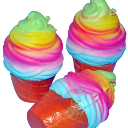 Set of two rainbow swirl ice cream cone squishy toys, orange cones and green-pink-blue tops.