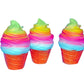 Three rainbow swirl ice cream cone squishy toys with orange cones and blue-pink-green tops.