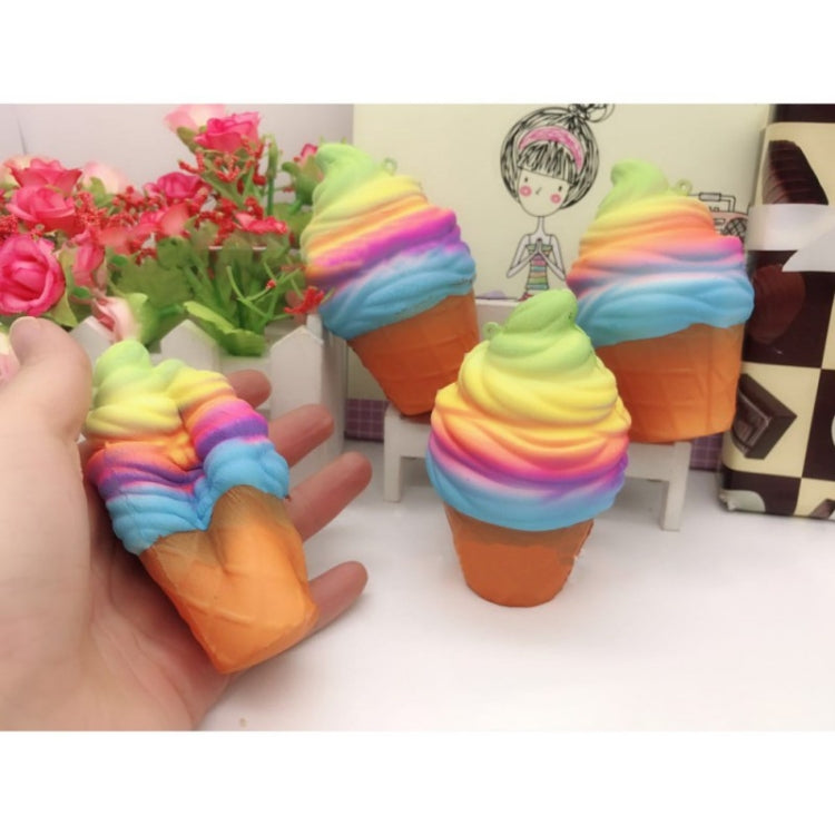 Rainbow ice cream cone squishy toys set with orange cones and multicolor swirled tops.