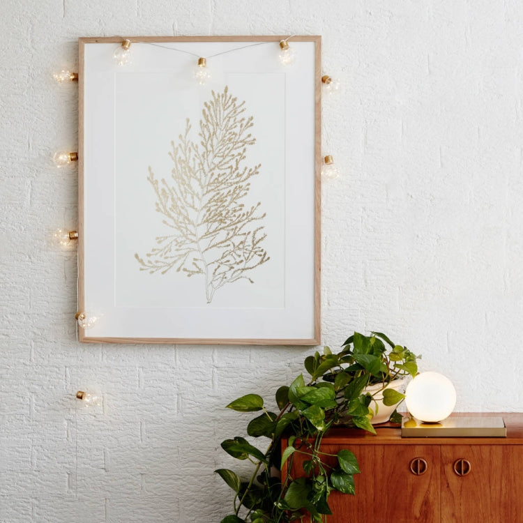 Copper wire LED string lights with warm clear mini globe bulbs, wall-mounted display
