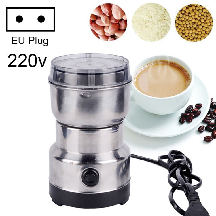 Stainless electric coffee grinder with EU plug and clear top lid, compact countertop design