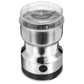 Stainless steel electric coffee grinder with clear lid and black base, front control button