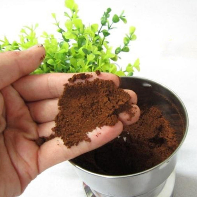 Electric coffee grinder with stainless cup, dark coffee grounds held in hand