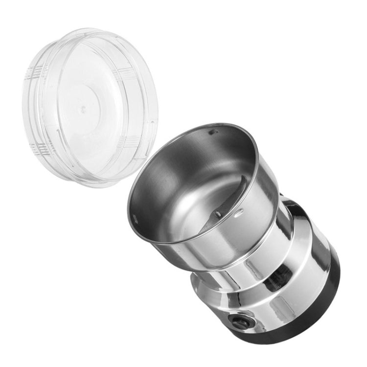 Stainless electric coffee grinder with clear lid open, metal grinding cup and base
