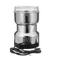 Stainless electric coffee grinder with clear top lid and power cord, black bottom base