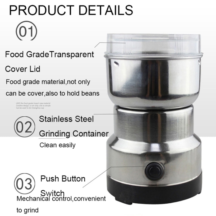 Stainless steel electric grinder with transparent cover lid and metal grinding container
