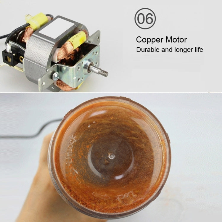 Electric coffee grinder with open container showing grounds and exposed motor area