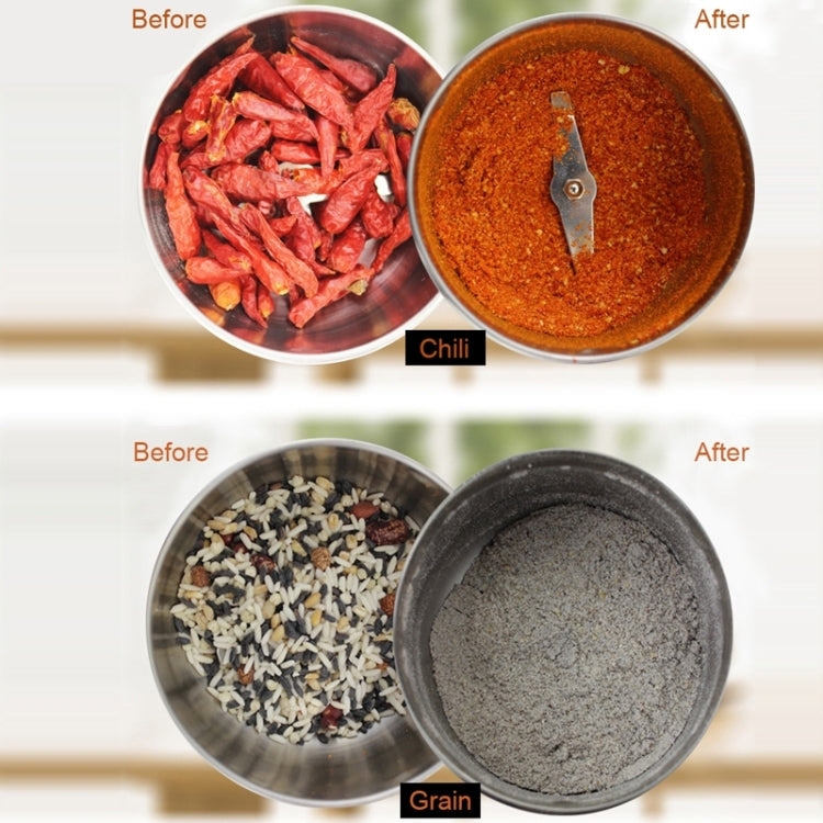 Electric grinder showing before and after ground chili and grain in stainless bowls