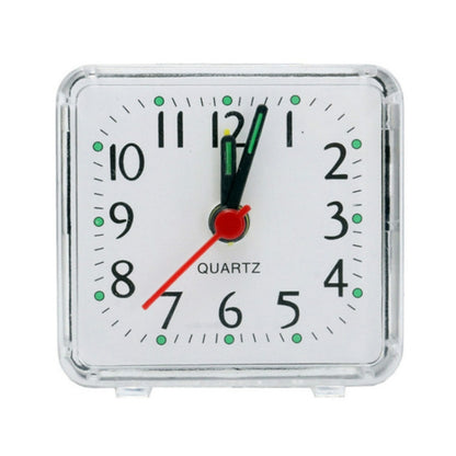 Square quartz alarm clock with transparent case, white dial and red/green hands