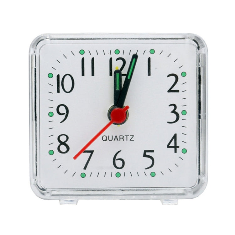 Square quartz alarm clock with transparent case, white dial and black/red center hand