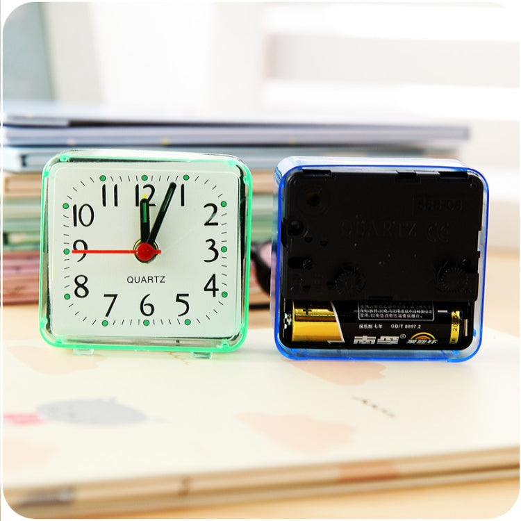 Square quartz alarm clock set: green front dial and blue open battery compartment