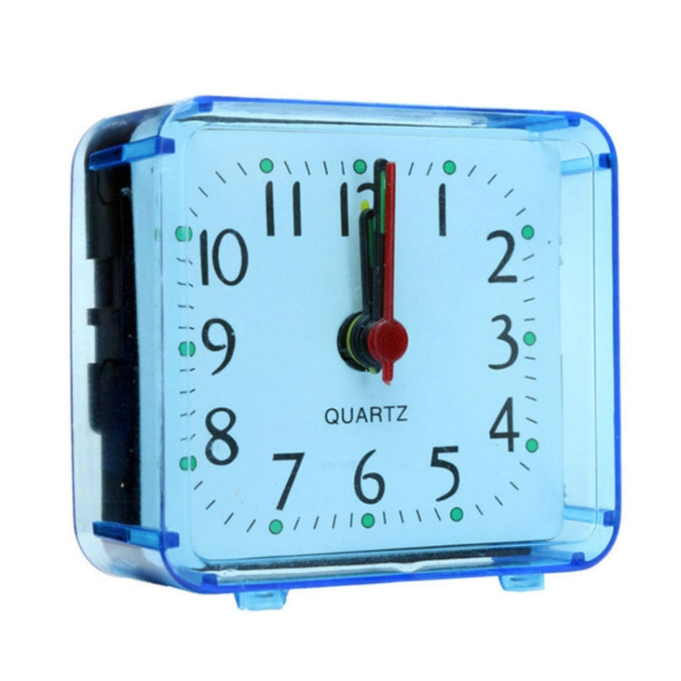 Square quartz alarm clock with transparent blue case, white dial and red center hand