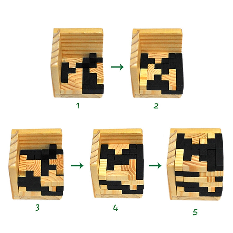 Interlocking puzzle cube assembly steps with arrows showing black blocks fitting