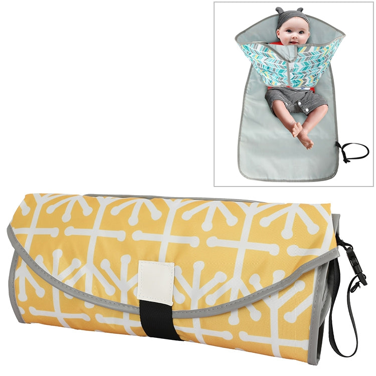 Folding waterproof changing pad, yellow and gray abstract pattern with carry handle.