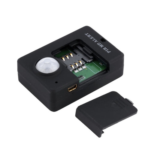Black PIR alarm sensor with open battery compartment and infrared sensor lens