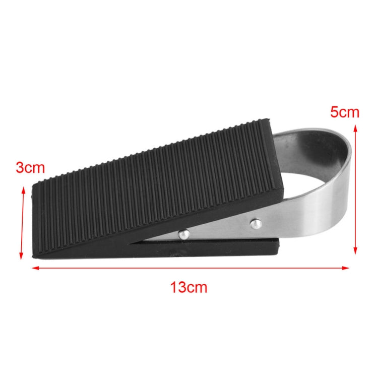 Door anti-theft pad size view: black ridged insert with silver metal strap