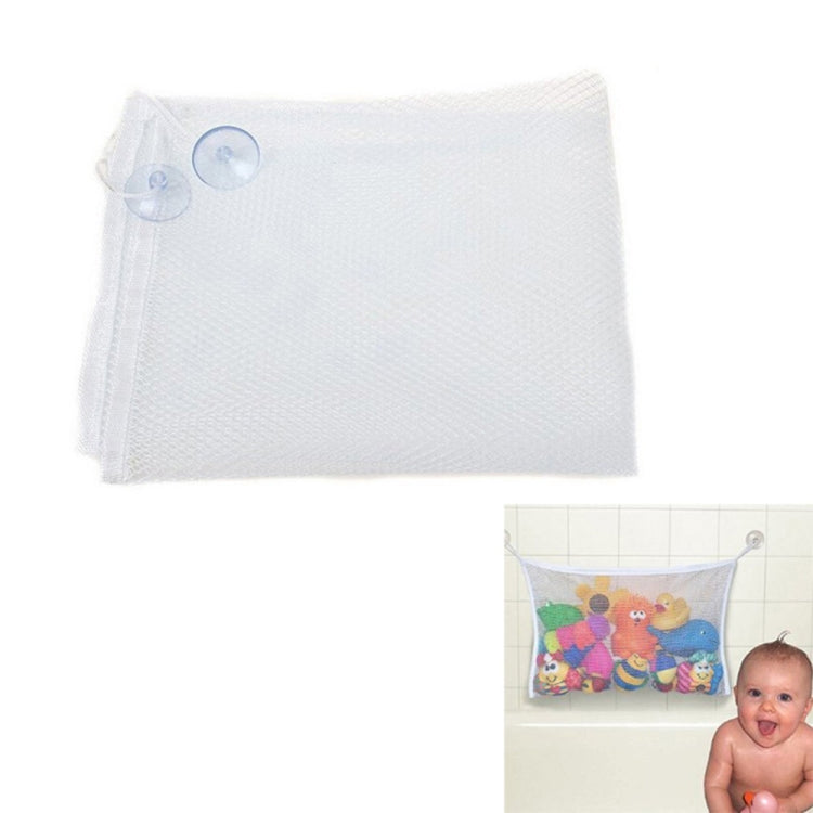 White mesh toy hanging organizer with suction cups, empty bag view.