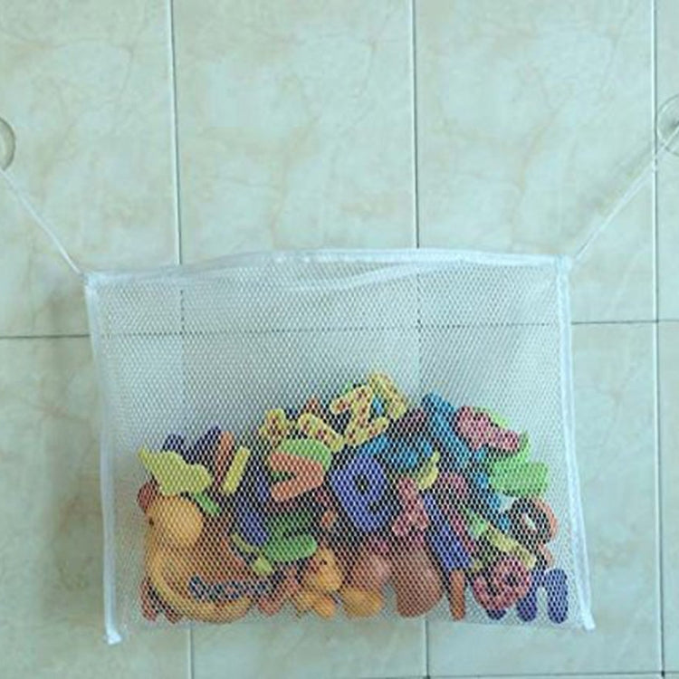 Blue mesh toy hanging organizer with suction cups, colorful animal toys inside.