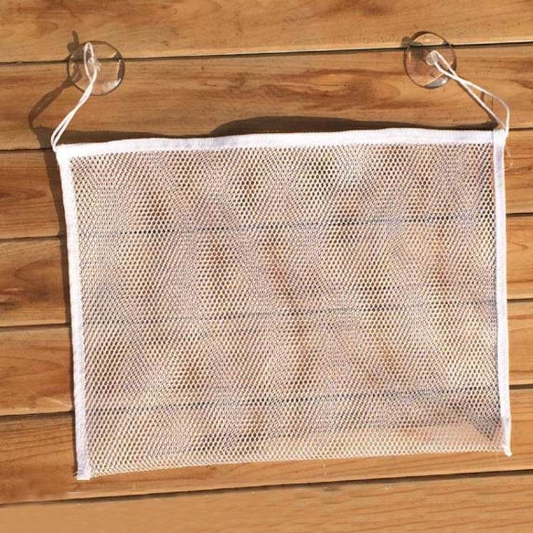 Empty white mesh hanging organizer with suction cups, rectangular pocket.