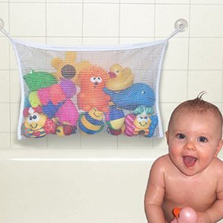 Baby toy hanging organizer net bag with suction cups, colorful animal toys inside.