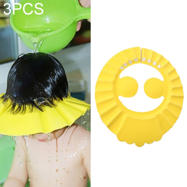 3-piece kids shower caps with yellow circular visor, ruffled edge and face cutout