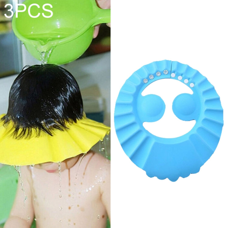 3-piece kids shower caps, blue circular visor with ruffled edge and face opening