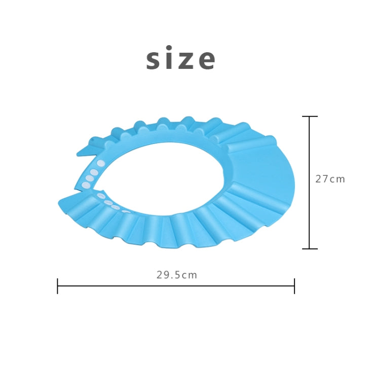 Blue kids shower cap size diagram with ruffled brim and face opening, waterproof visor