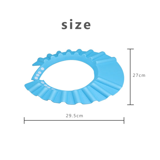 Blue kids shower cap size diagram with ruffled brim and face opening, waterproof visor