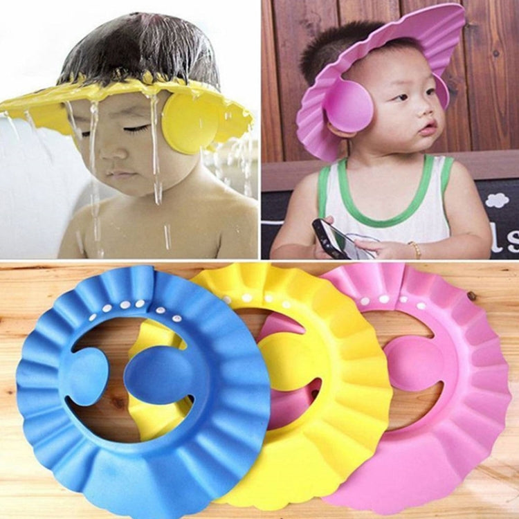 Set of kids shower caps in blue, yellow, and pink circular visor hair shields