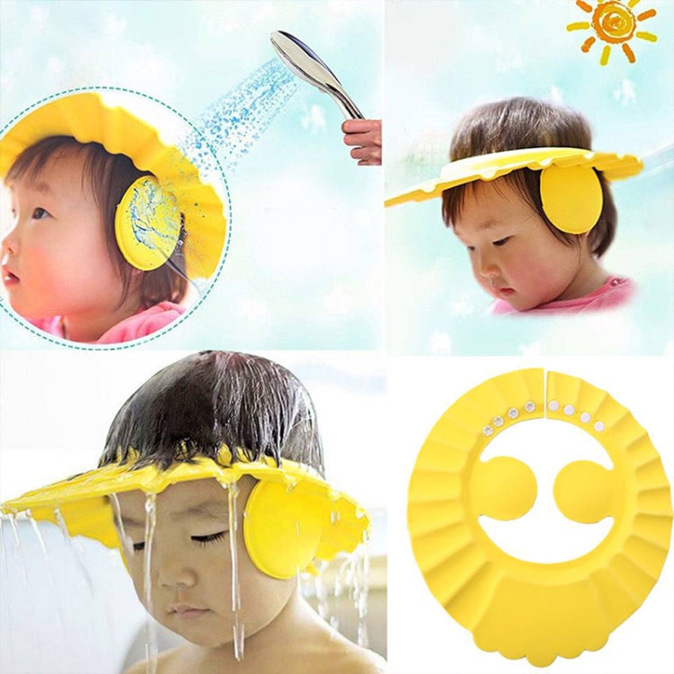 Yellow kids shower cap visor with earmuffs, waterproof eye and hair wash shield