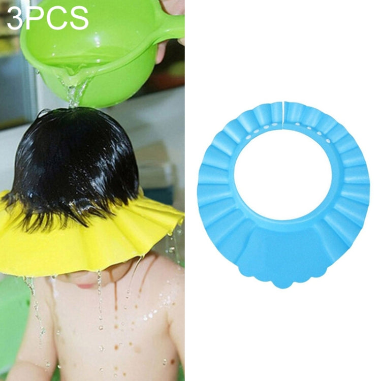 Kids waterproof shower cap visor, blue scalloped rim with small adjustment holes