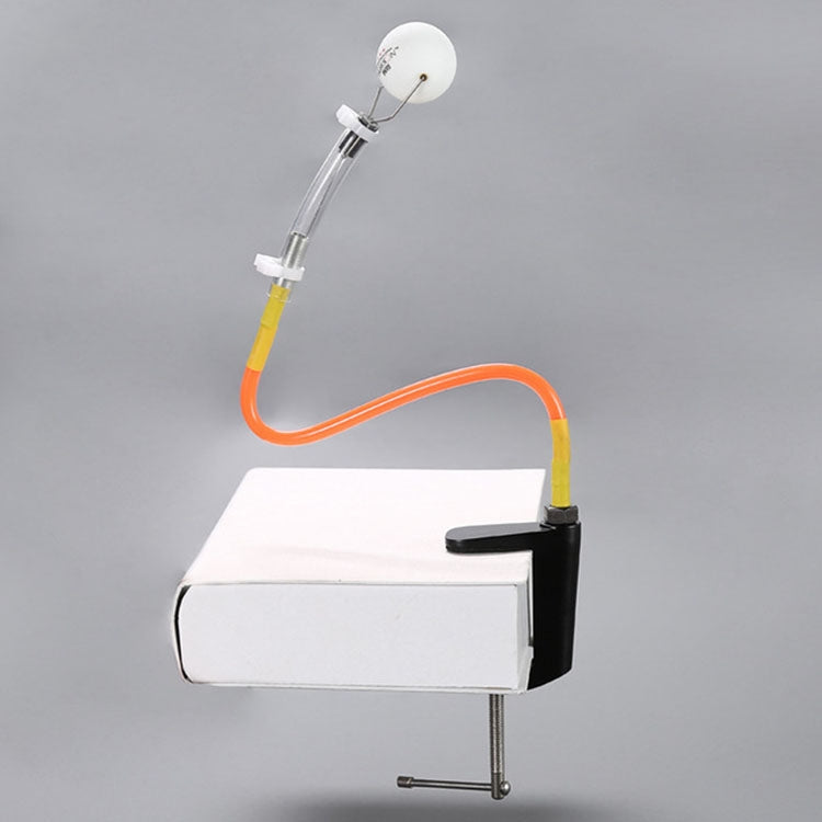 Table tennis training ball launcher with black clip stand and orange/yellow hose