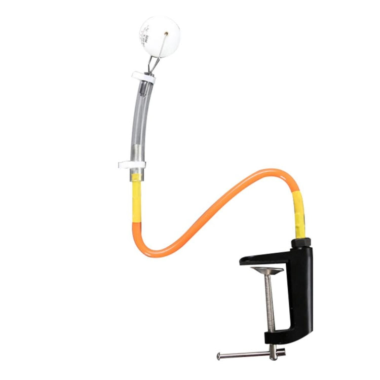 Table tennis serving training launcher with silver arm, orange hose, and black table clamp