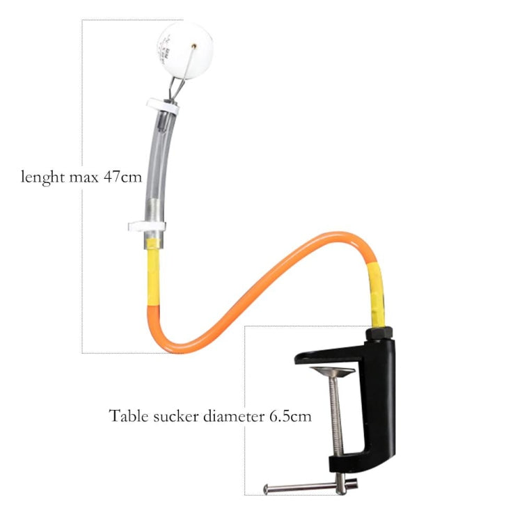 Table tennis training launcher with suction table clamp and size measurement diagram