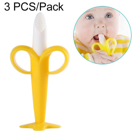 Yellow banana-shaped silicone baby teether toothbrush with white bristle head