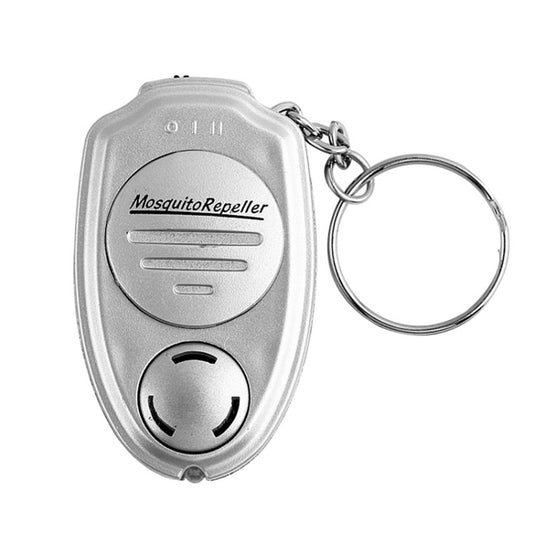 Electronic ultrasonic mosquito repellent keychain, silver oval with control dial and key ring