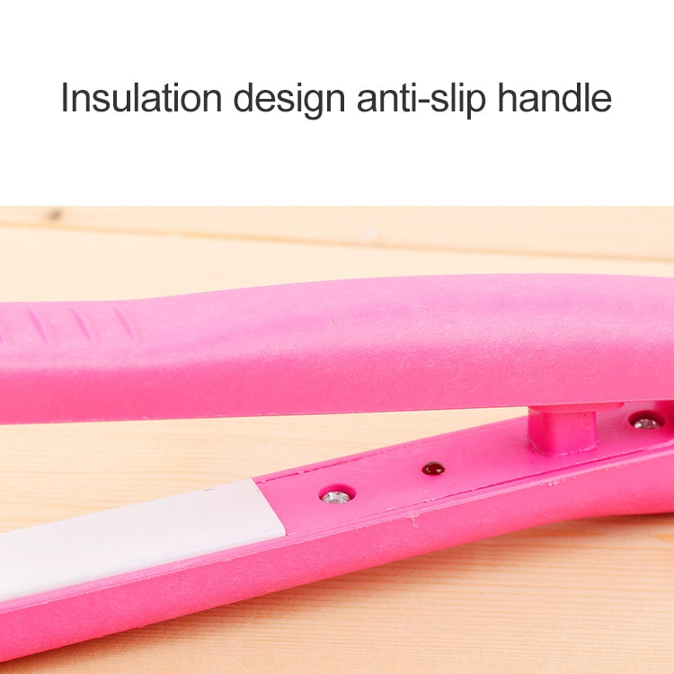 Mini hair straightener with pink anti-slip handle and ceramic heating plates