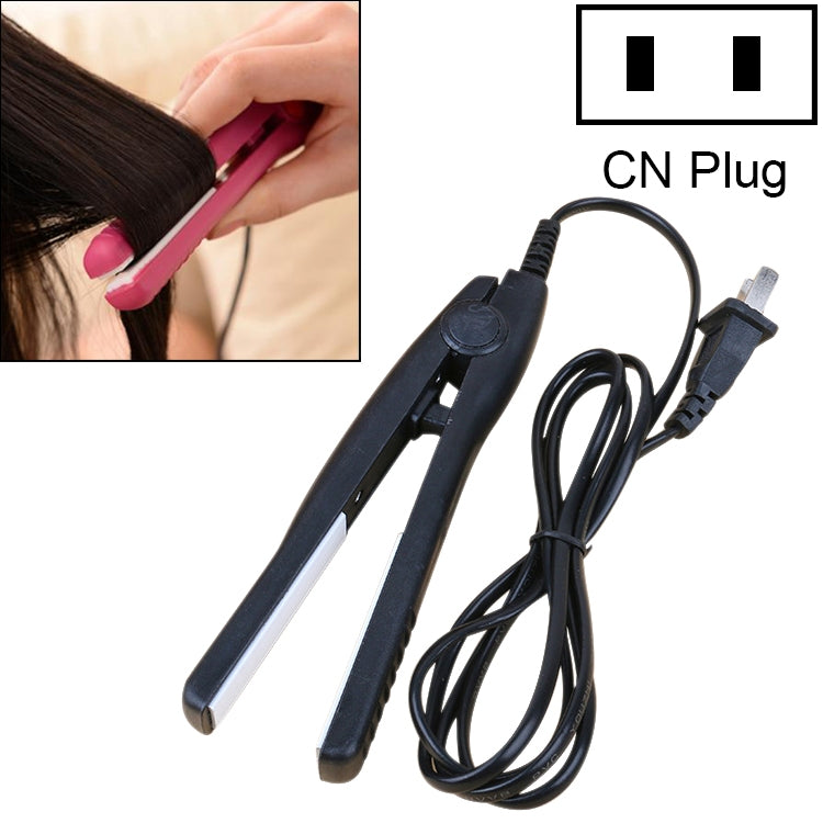Mini hair straightener with black ceramic plates and power cord, CN plug