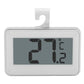 Digital refrigerator thermometer with LCD display showing temperature, adjustable stand, white