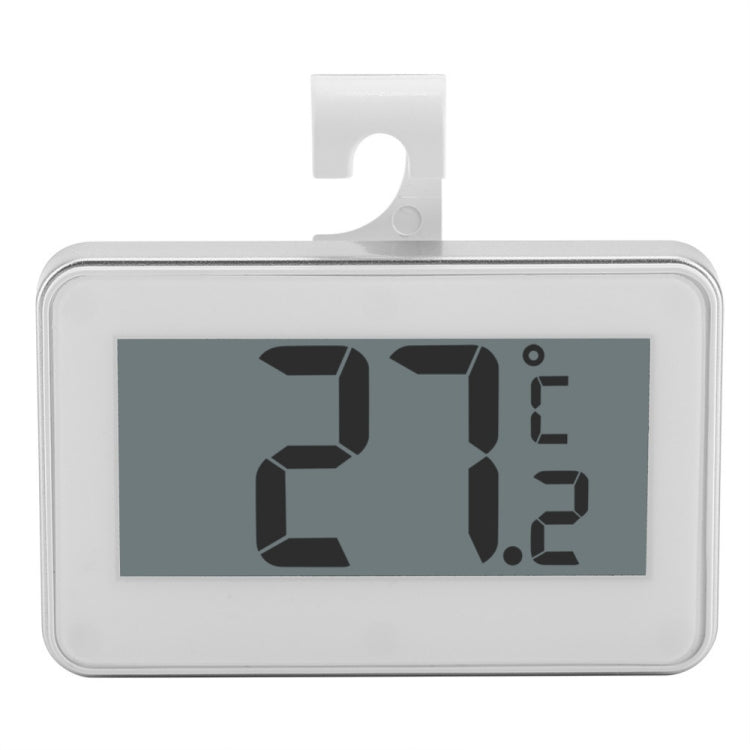 Digital refrigerator thermometer with LCD display showing temperature, adjustable stand, white