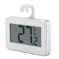 White digital refrigerator thermometer with LCD display and adjustable hanging stand