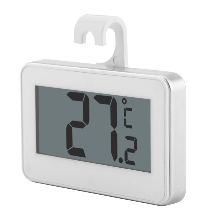 White digital refrigerator thermometer with LCD display and adjustable hanging stand