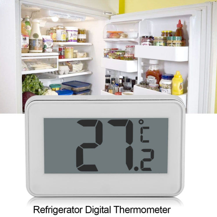 Digital refrigerator thermometer with LCD display reading 21.2, adjustable stand, white