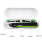 White travel toothbrush case open with black-and-green electric brush inside